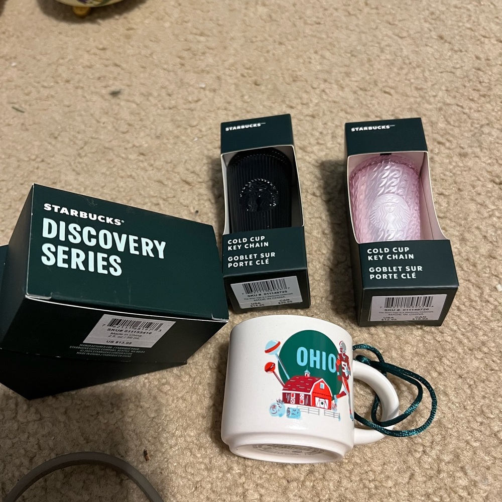 Lot of 3 Starbucks items new with tags. 2 keychains, one espresso cup